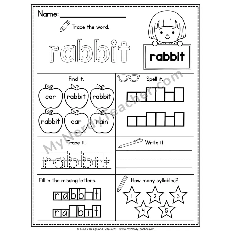 Sight Word Noun Vocabulary Worksheet — Rabbit