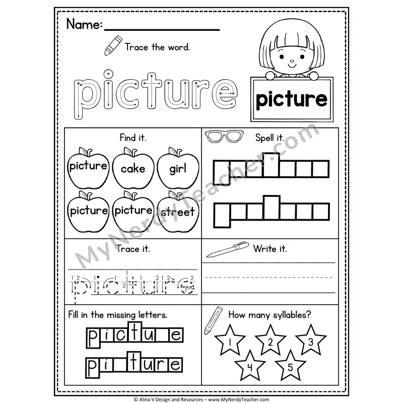 Sight Word Noun Vocabulary Worksheet — Picture