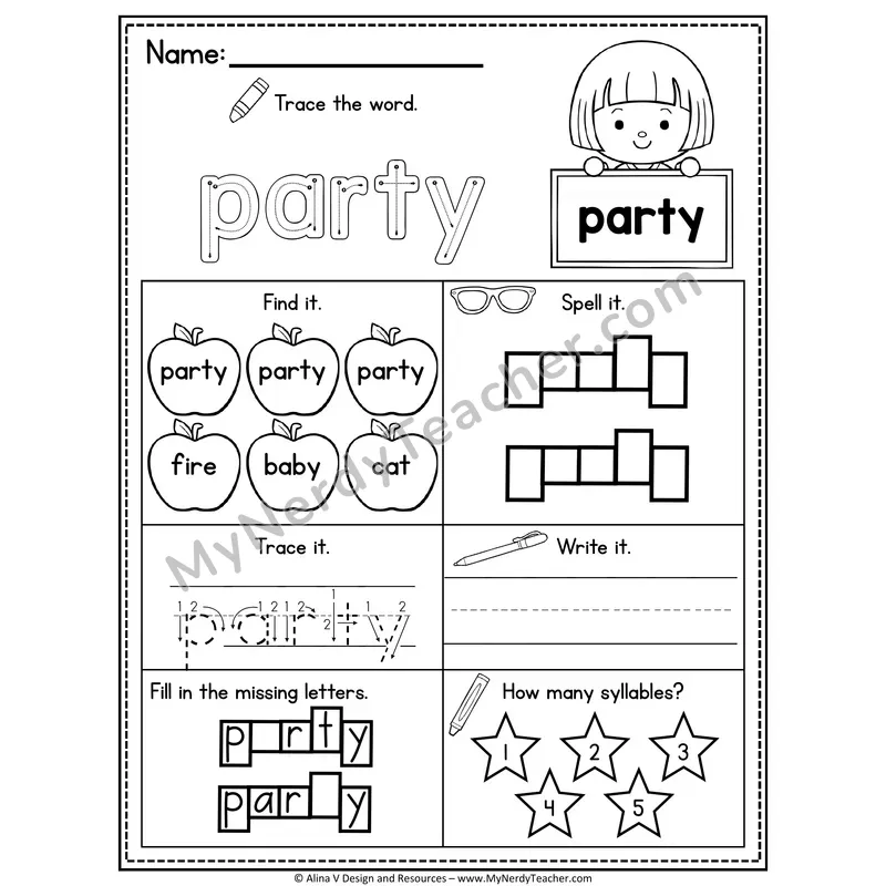 Sight Word Noun Vocabulary Worksheet — Party