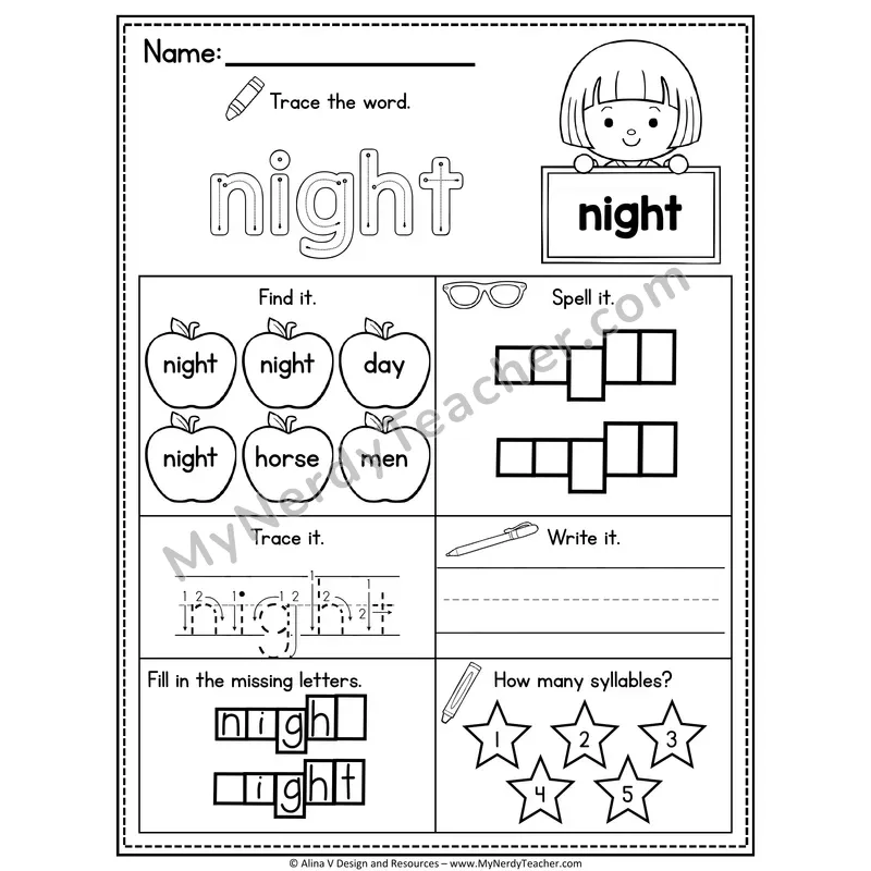 Sight Word Noun Vocabulary Worksheet — Night