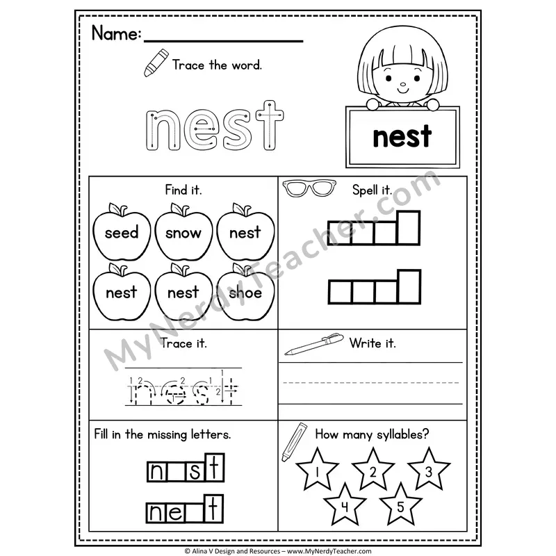 Sight Word Noun Vocabulary Worksheet — Nest
