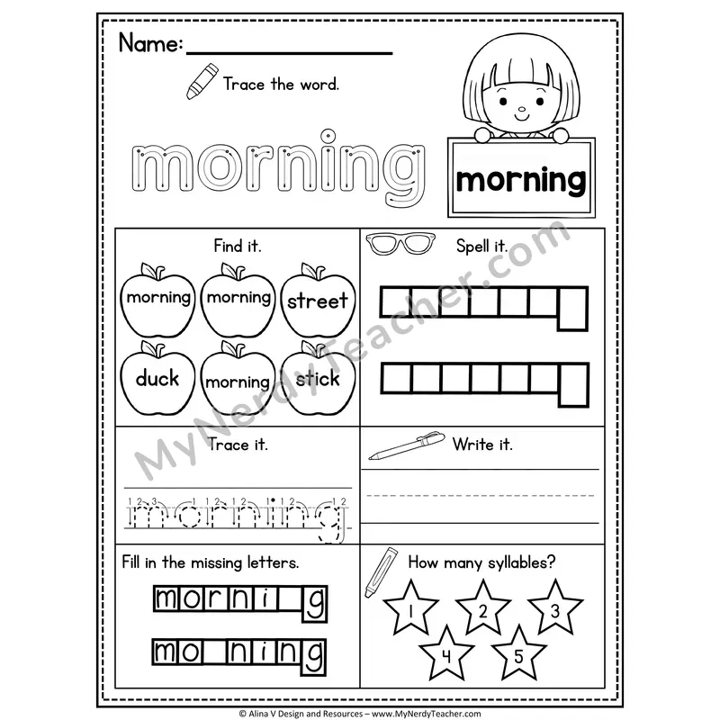 Sight Word Noun Vocabulary Worksheet — Morning