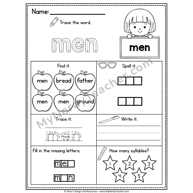 Sight Word Noun Vocabulary Worksheet — Men