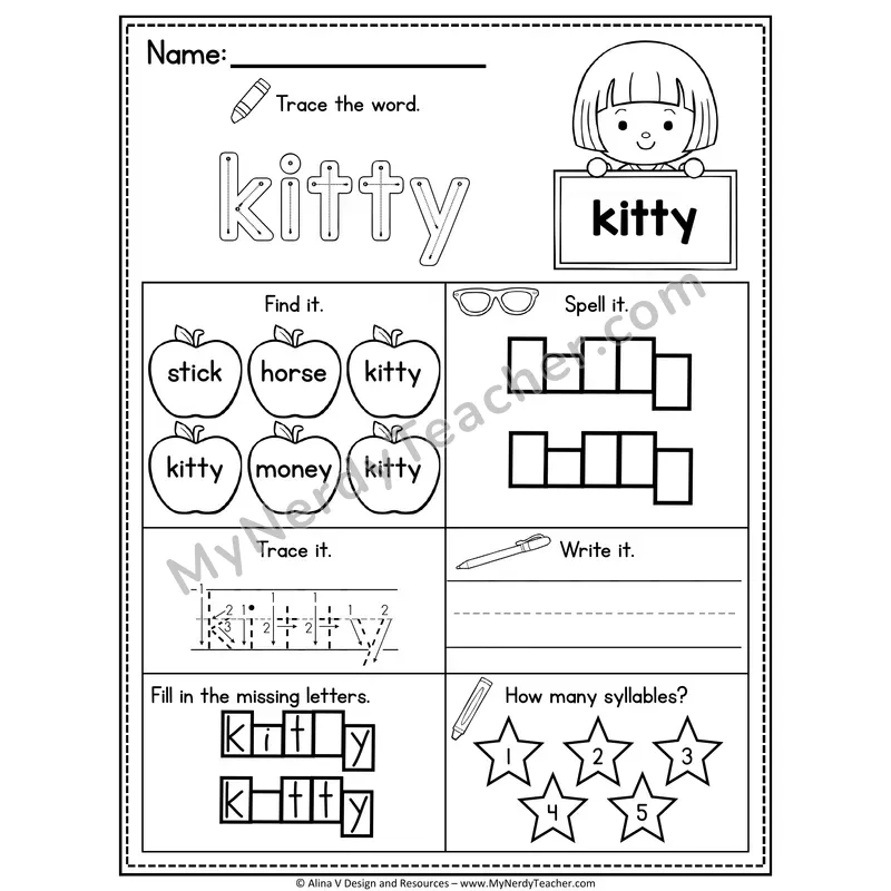 Sight Word Noun Vocabulary Worksheet — Kitty