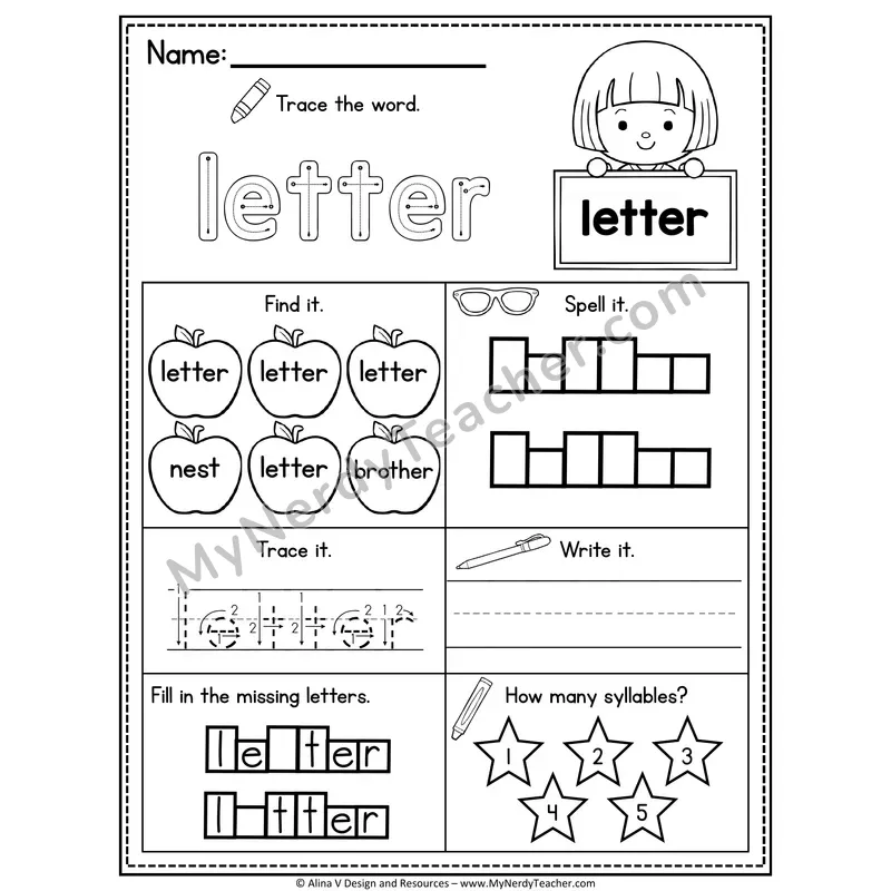 Sight Word Noun Vocabulary Worksheet — Letter