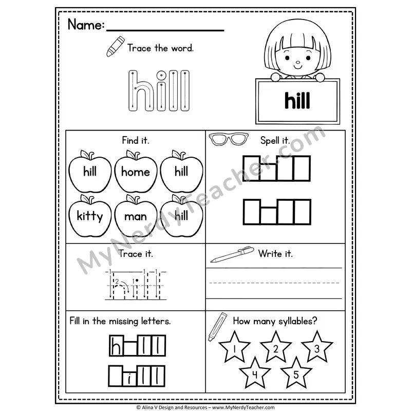 Sight Word Noun Vocabulary Worksheet — Hill