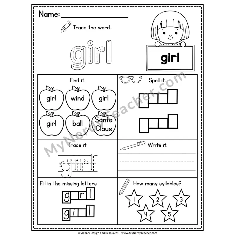 Sight Word Noun Vocabulary Worksheet — Girl