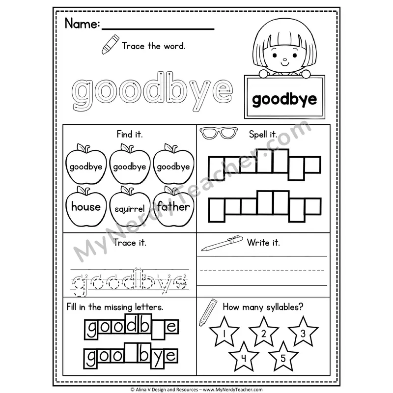 Sight Word Noun Vocabulary Worksheet — Goodbye