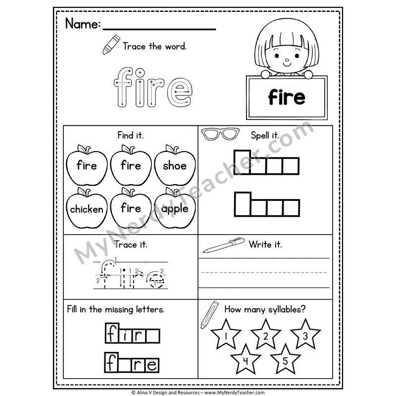 Sight Word Noun Vocabulary Worksheet — Fire