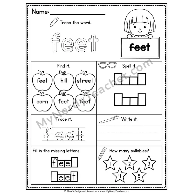 Sight Word Noun Vocabulary Worksheet — Feet