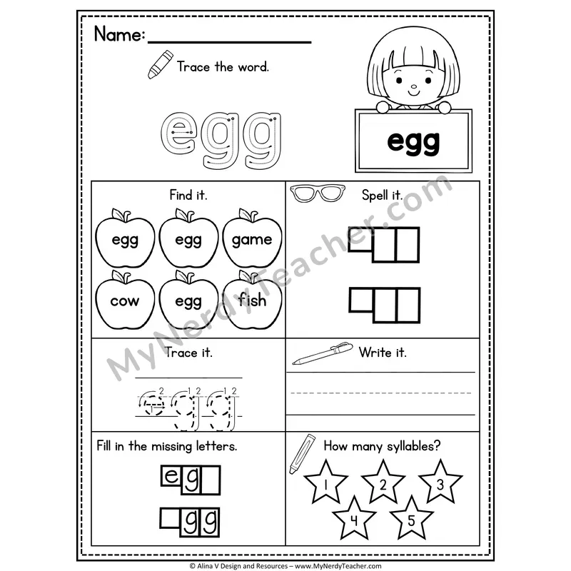 Sight Word Noun Vocabulary Worksheet — Egg
