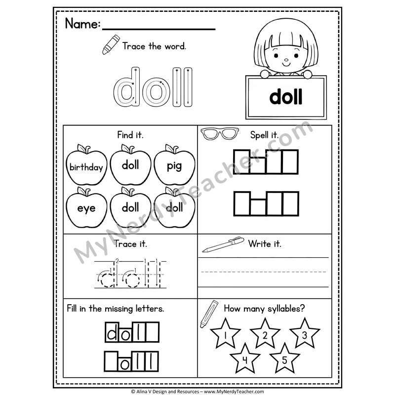 Sight Word Noun Vocabulary Worksheet — Doll