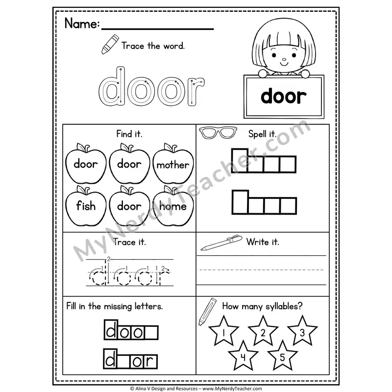 Sight Word Noun Vocabulary Worksheet — Door