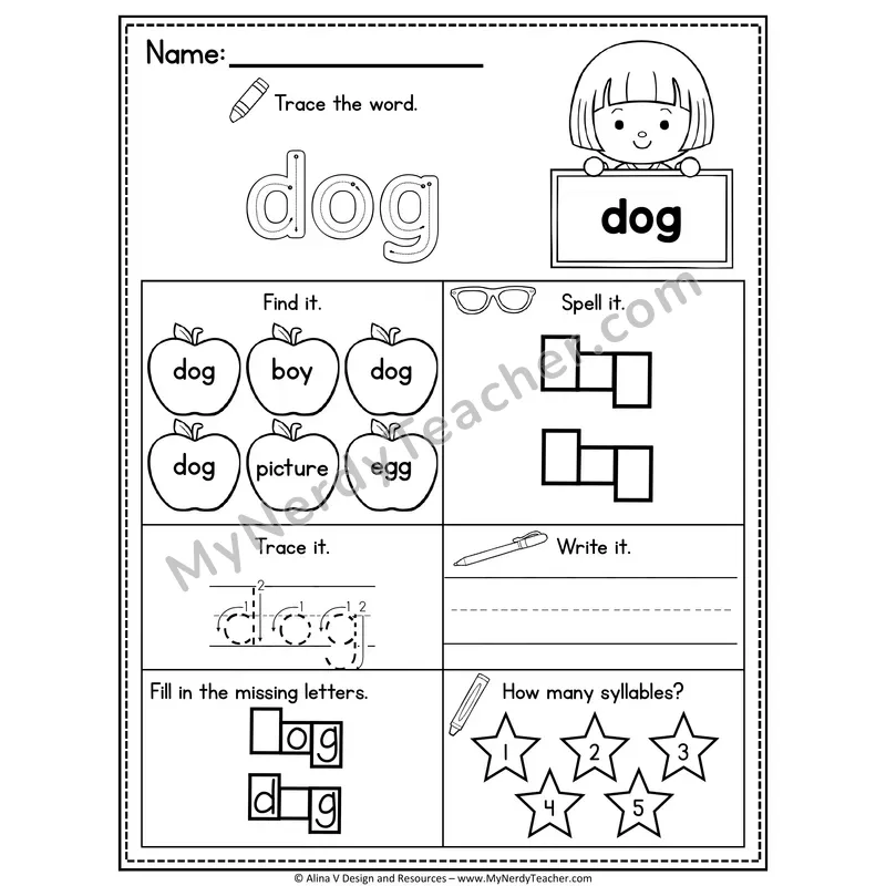 Sight Word Noun Vocabulary Worksheet — Dog
