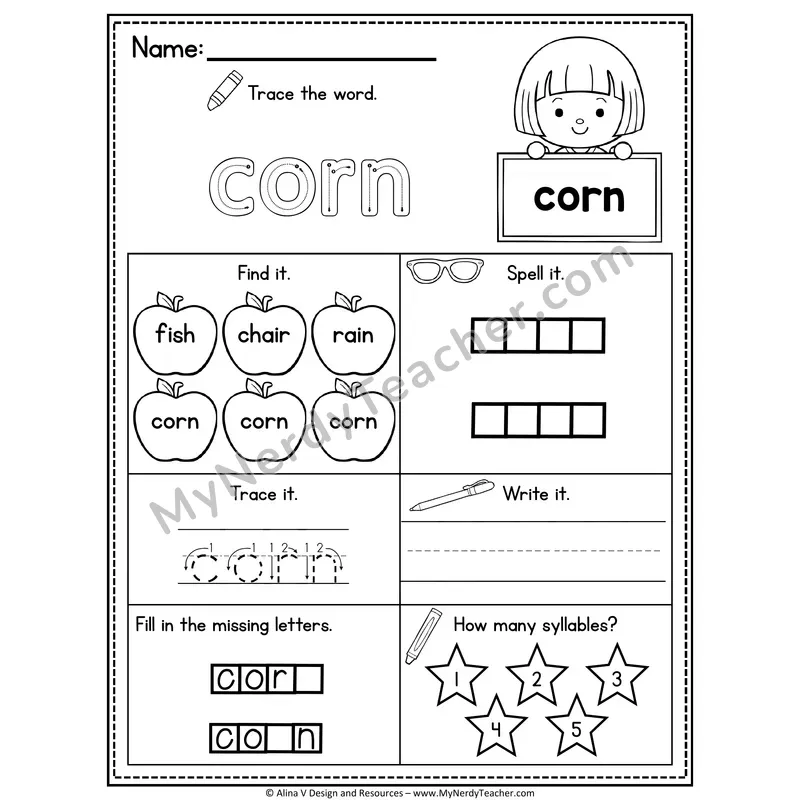 Sight Word Noun Vocabulary Worksheet — Corn