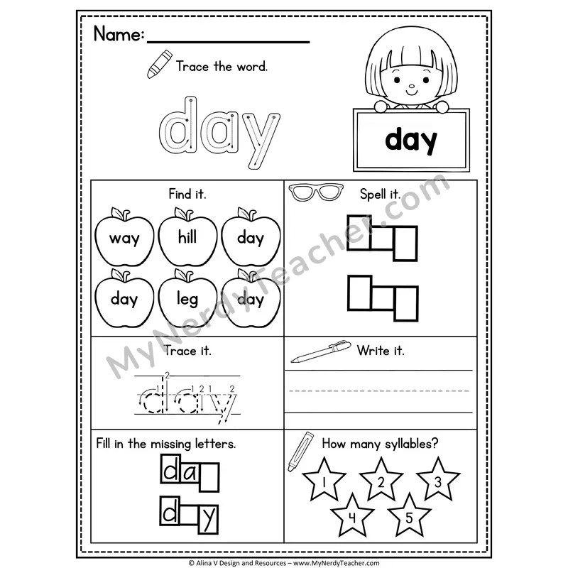 Sight Word Noun Vocabulary Worksheet — Day