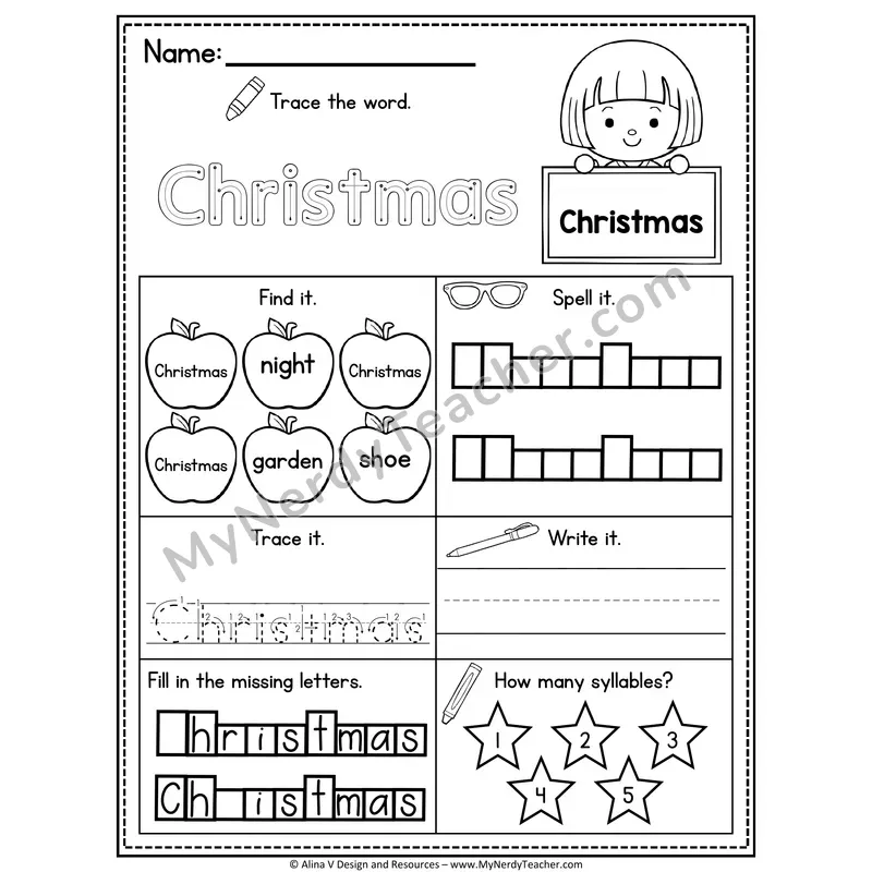 Sight Word Noun Vocabulary Worksheet — Christmas