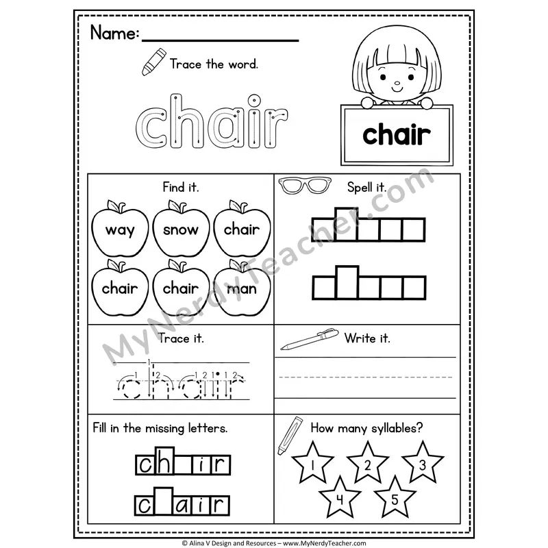 Sight Word Noun Vocabulary Worksheet — Chair