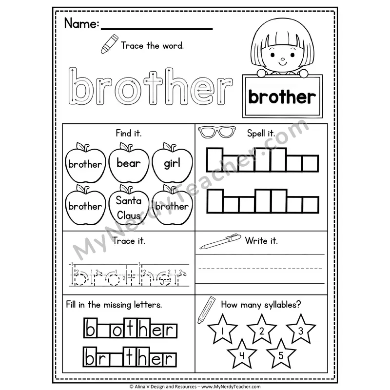 Sight Word Noun Vocabulary Worksheet — Brother
