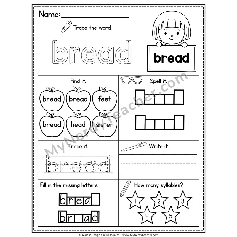 Sight Word Noun Vocabulary Worksheet — Bread