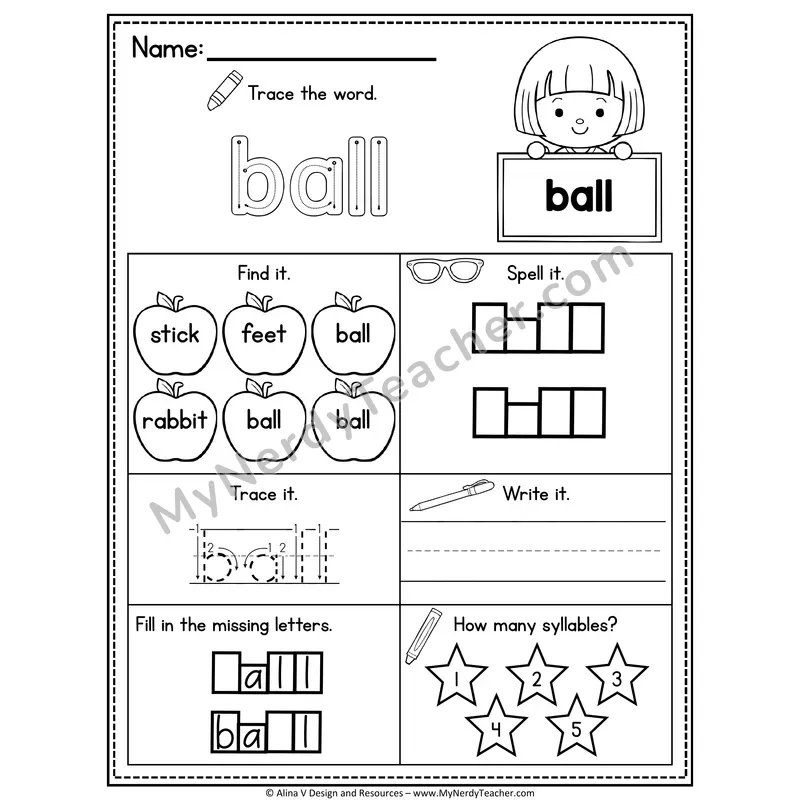 Sight Word Noun Vocabulary Worksheet — Ball