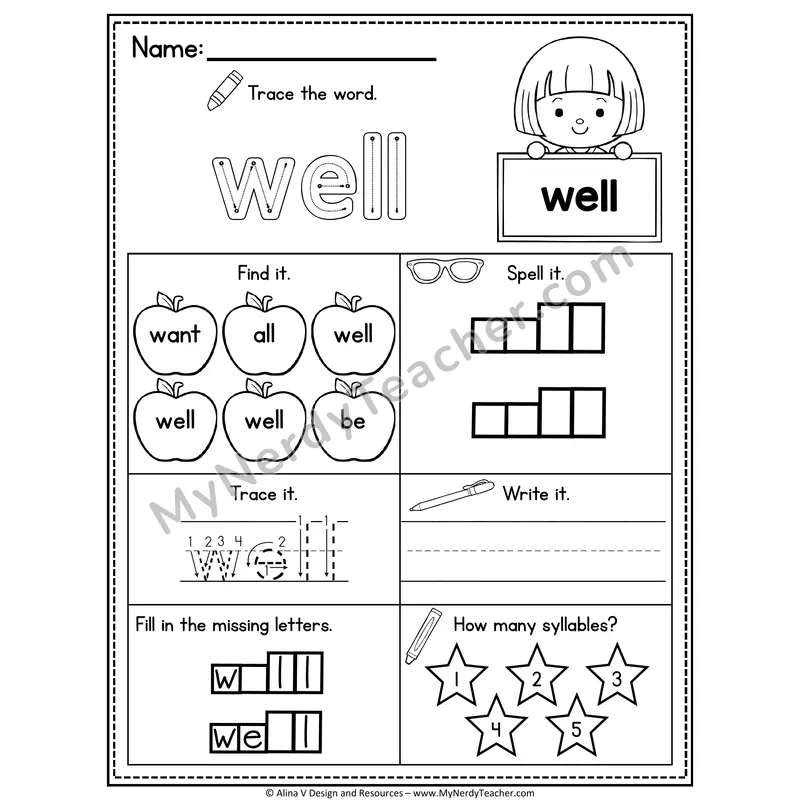 Kindergarten Sight Word Worksheet — Well