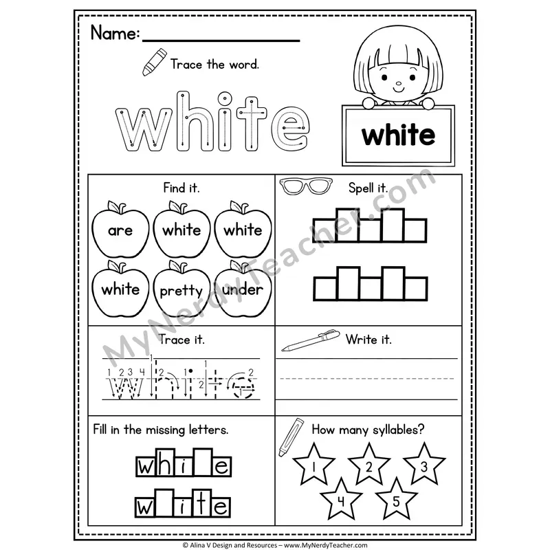 Kindergarten Sight Word Worksheet — White
