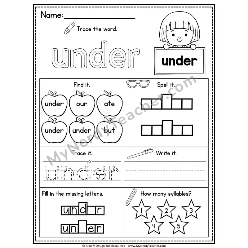 Kindergarten Sight Word Worksheet — Under