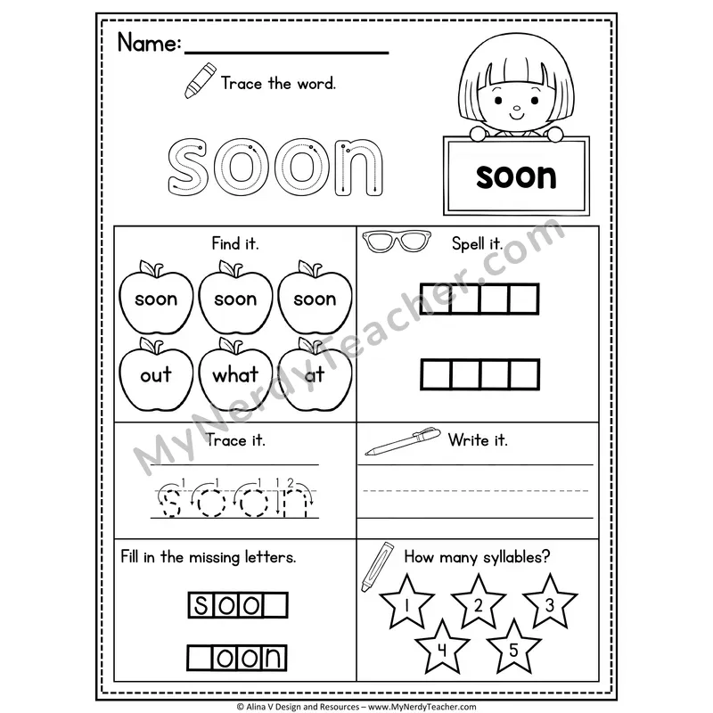 Kindergarten Sight Word Worksheet — Soon