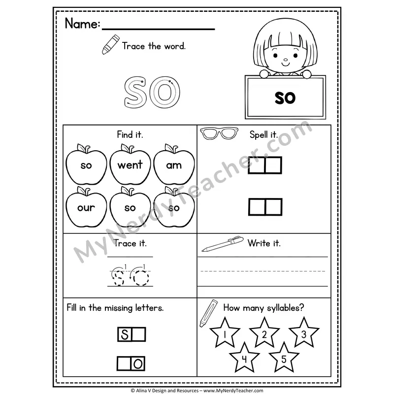 Kindergarten Sight Word Worksheet — So
