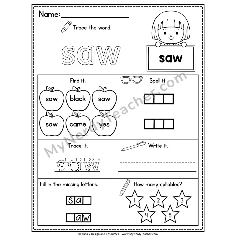Kindergarten Sight Word Worksheet — Saw