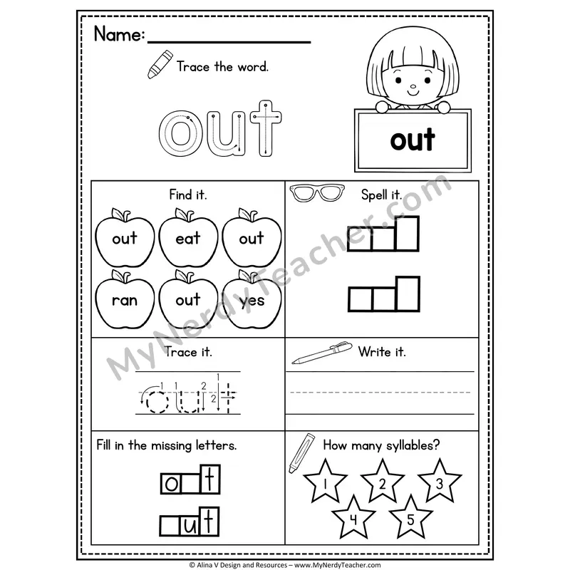 Kindergarten Sight Word Worksheet — Out