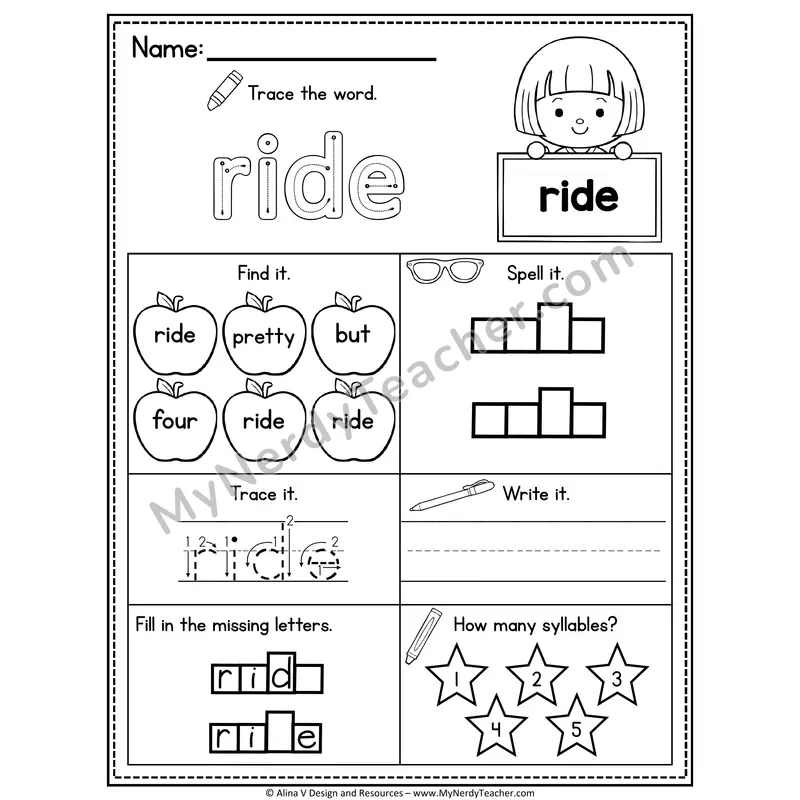 Kindergarten Sight Word Worksheet — Ride