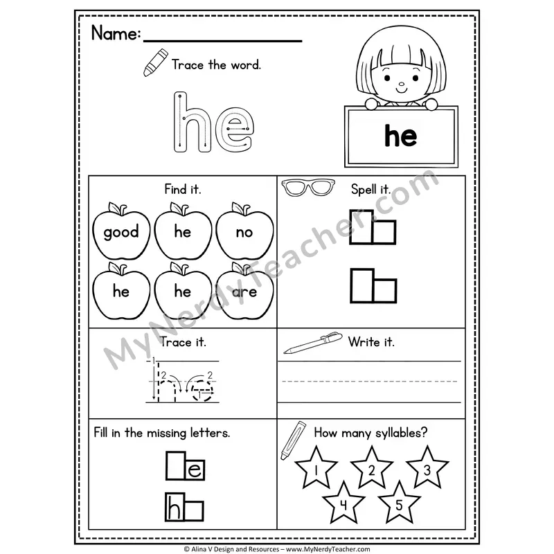 Kindergarten Sight Word Worksheet — He