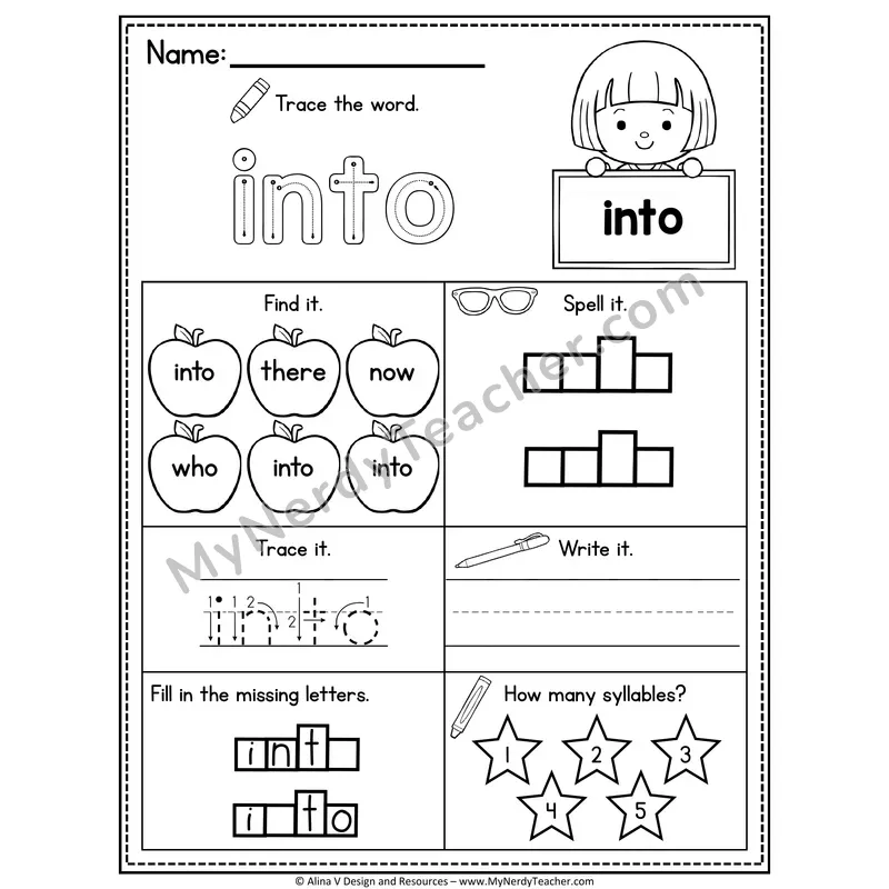 Kindergarten Sight Word Worksheet — Into