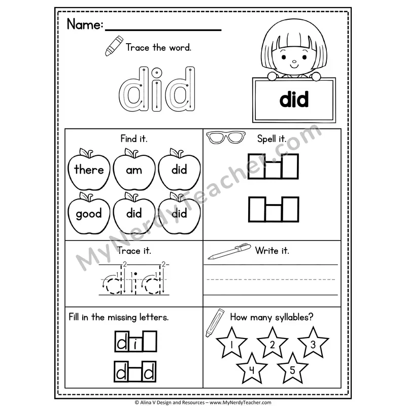 Kindergarten Sight Word Worksheet — Did