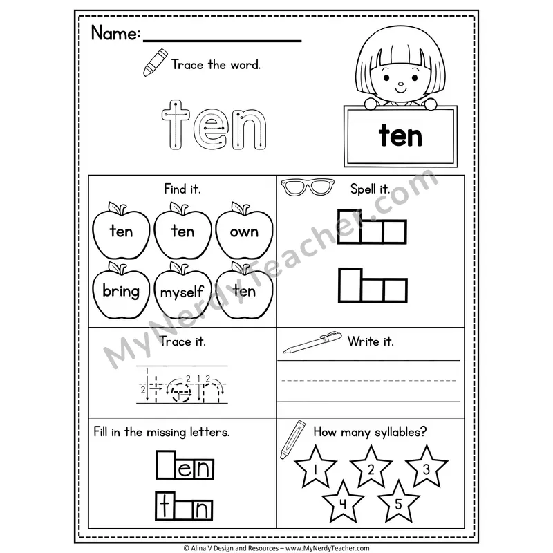 3rd Grade Sight Word Worksheet — Ten
