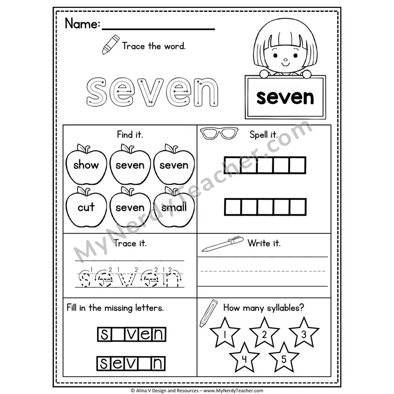 3rd Grade Sight Word Worksheet — Seven