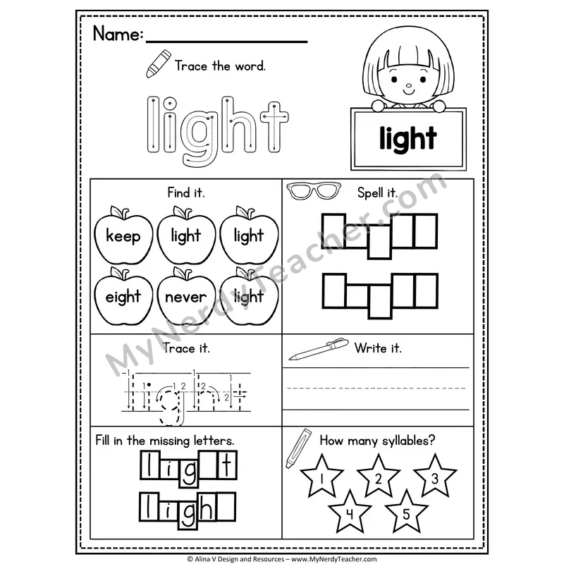 3rd Grade Sight Word Worksheet — Light