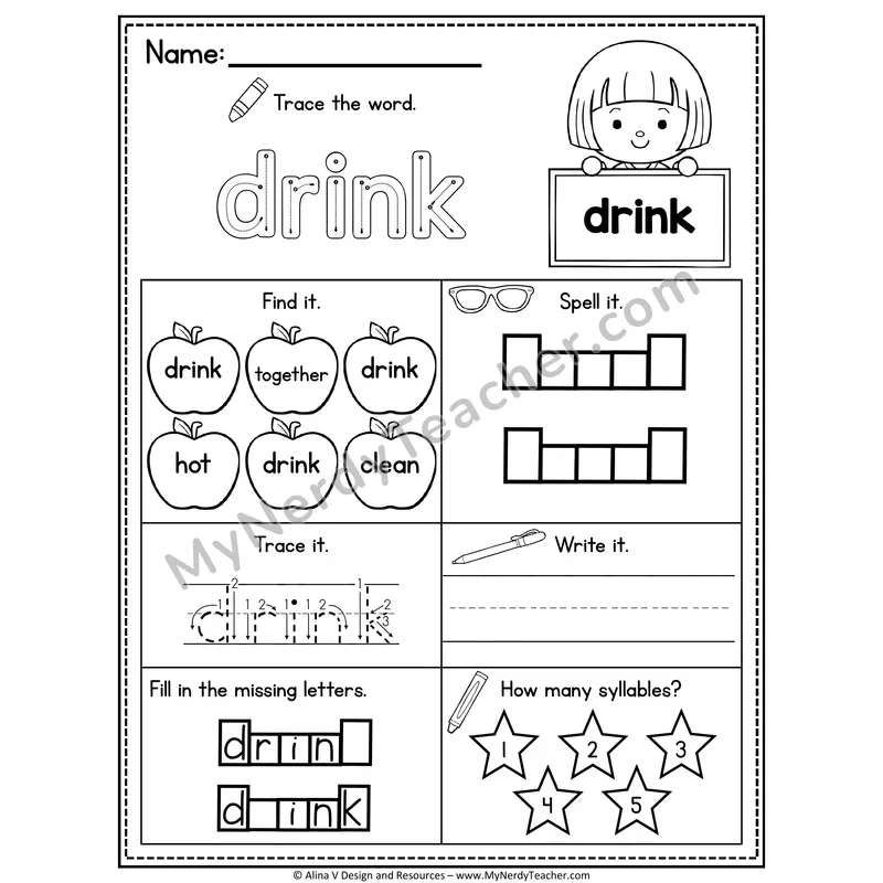 3rd Grade Sight Word Worksheet — Drink