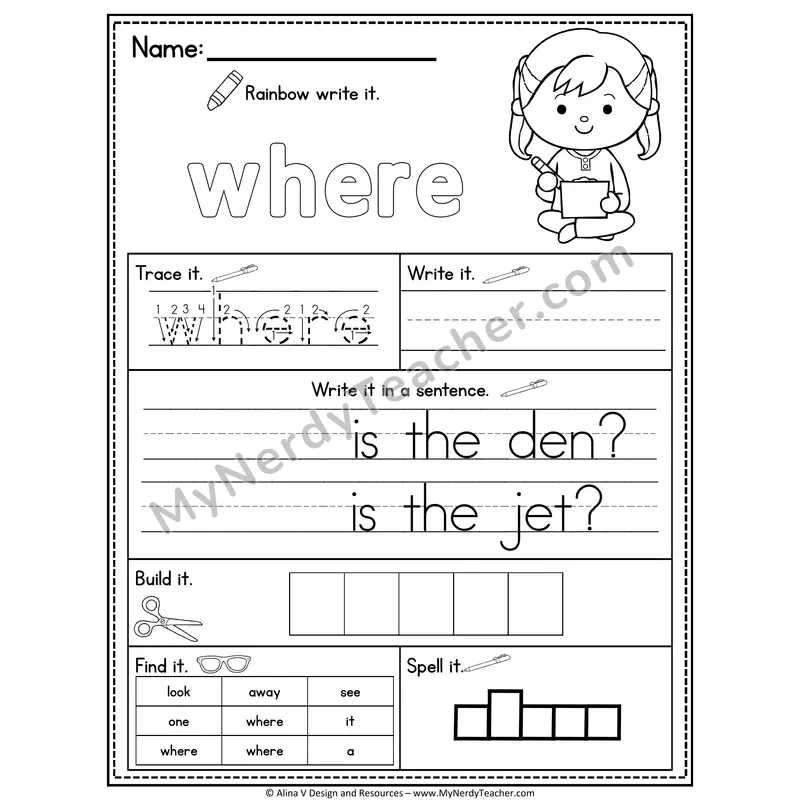 Pre-K Sight Word Practice Worksheet — Where (Rainbow Write, Build & Spell)