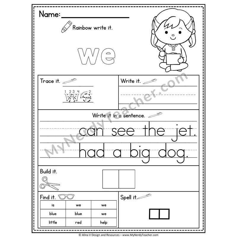 Pre-K Sight Word Practice Worksheet — We (Rainbow Write, Build & Spell)