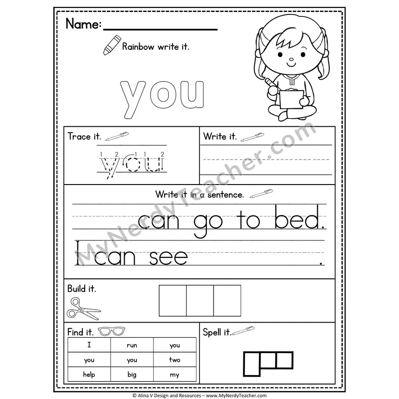 Pre-K Sight Word Practice Worksheet — You (Rainbow Write, Build & Spell)