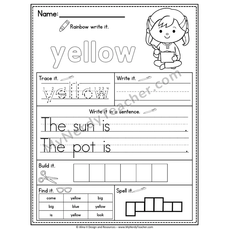 Pre-K Sight Word Practice Worksheet — Yellow (Rainbow Write, Build & Spell)
