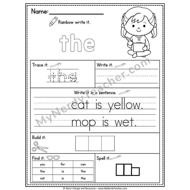 Pre-K Sight Word Practice Worksheet — The (Rainbow Write, Build & Spell)