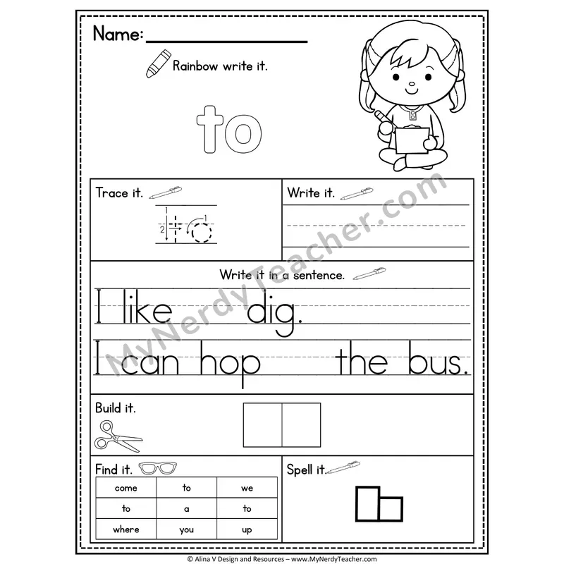 Pre-K Sight Word Practice Worksheet — To (Rainbow Write, Build & Spell)