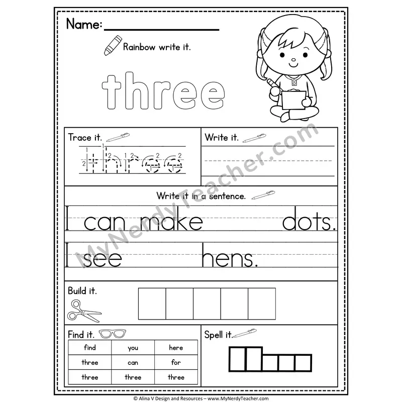 Pre-K Sight Word Practice Worksheet — Three (Rainbow Write, Build & Spell)