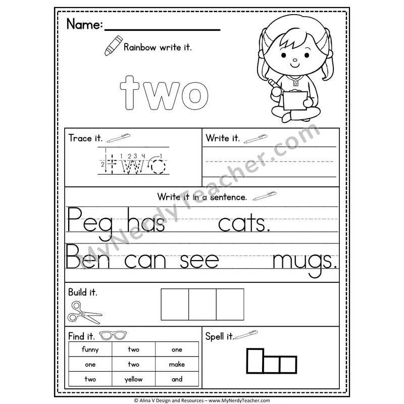 Pre-K Sight Word Practice Worksheet — Two (Rainbow Write, Build & Spell)