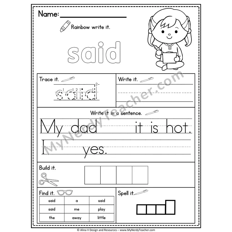 Pre-K Sight Word Practice Worksheet — Said (Rainbow Write, Build & Spell)