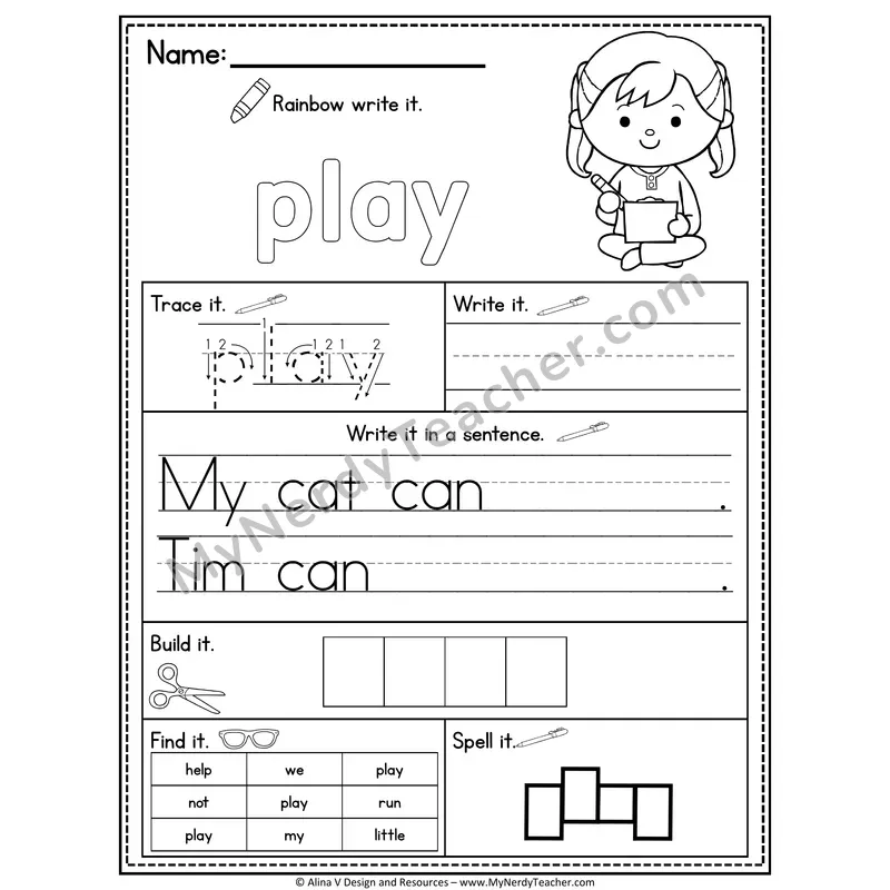 Pre-K Sight Word Practice Worksheet — Play (Rainbow Write, Build & Spell)